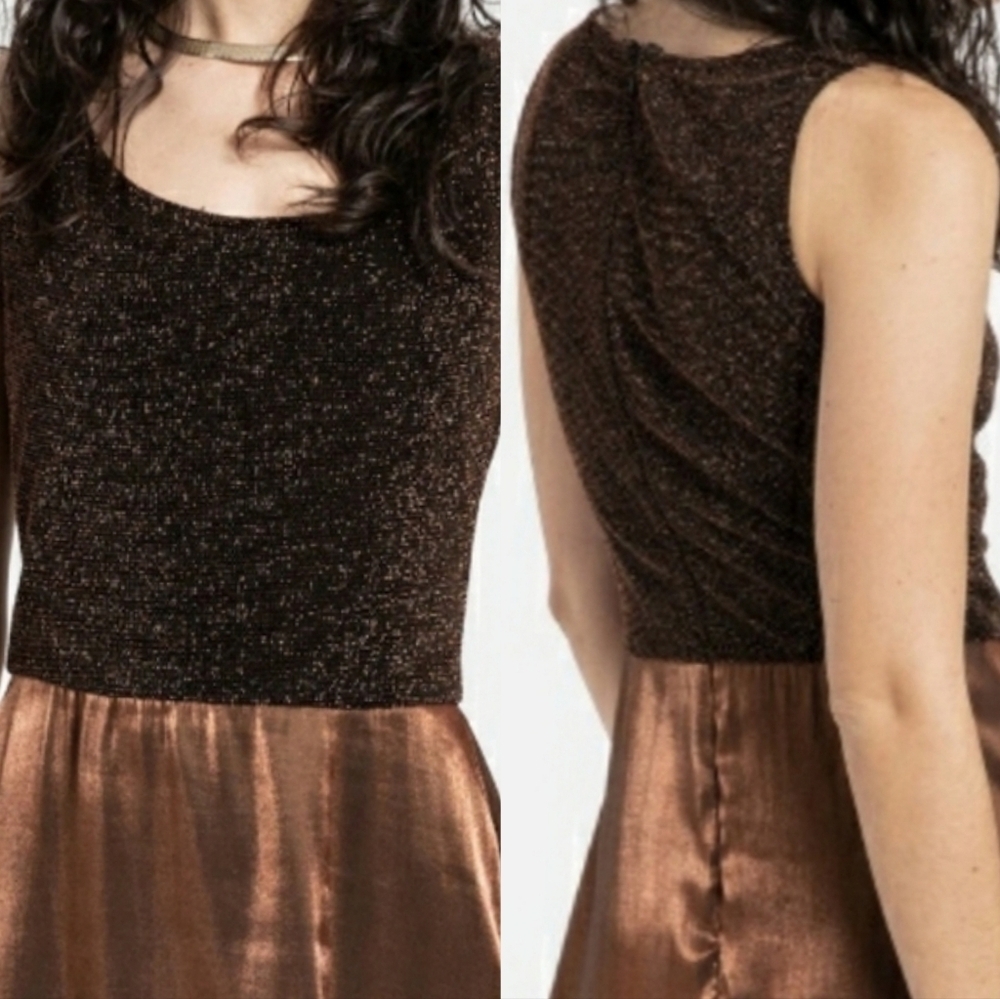 Vintage 80s Petra 2- PC Metalic Knit Copper & Black Lurex Satin Maxi Dress Sz 12